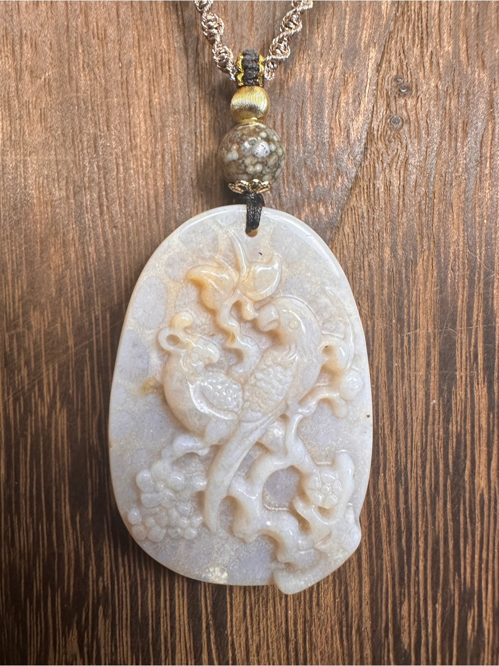 Coral Fossil Birds Pendant with Ocean Jasper on Adjustable Rope - Picture 14 of 15